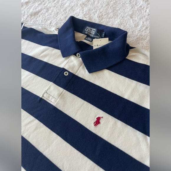 NWT Vintage Polo Ralph Lauren Mens Polo Shirt Blue & White Stripes, Sz Large - Picture 3 of 3